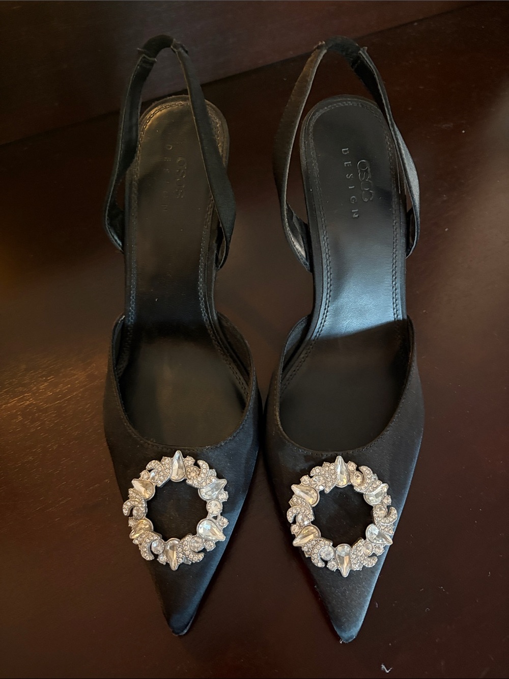 ASOS Black Pointed Slingback Heels with Crystal Wreath